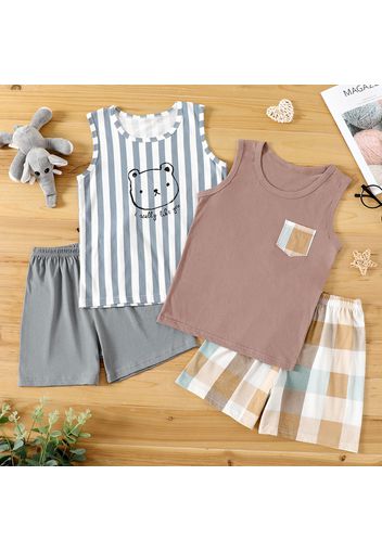 2-piece Kid Boy 100% Cotton Stripe Bear Print/Pocket Design Tank Top and Plaid/Solid Color Shorts Set