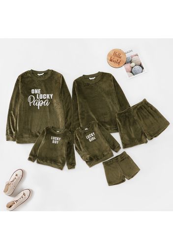 Family Matching Letter Embroidered Army Green Flannel Long-sleeve Sweatshirts and Shorts Set