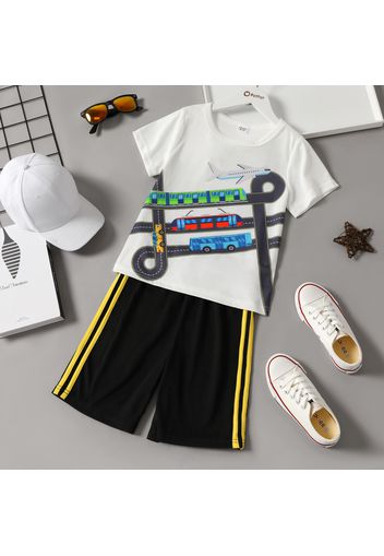 2-piece Kid Boy Vehicle Plane Print Short-sleeve Tee and Striped Shorts Set