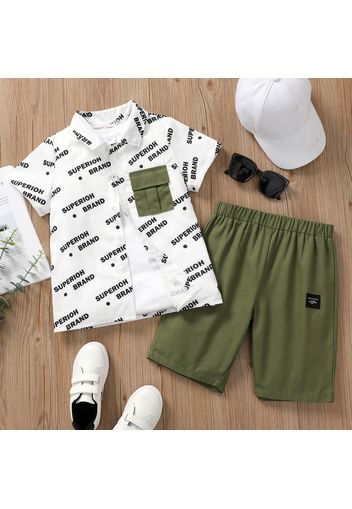 2pcs Kid Boy Letter Print Lapel Collar Pocket Design Short-sleeve Shirt and Green Shorts Set