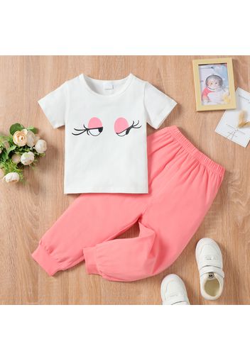 2pcs Toddler Girl Eyes Print Short-sleeve White Tee and Elasticized Pink Pants Set