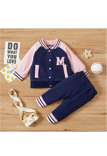 2pcs Color Block Splice Long-sleeve Blue Baby Set