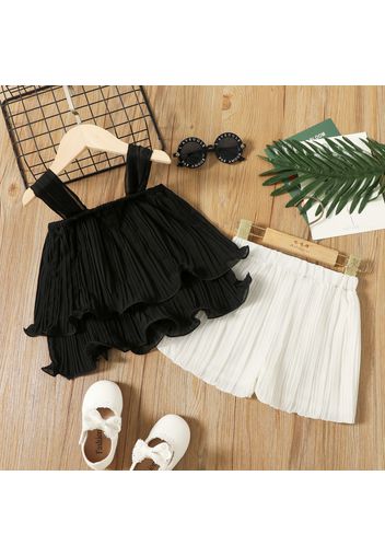 2pcs Toddler Girl Lettece Trim Pleated Black Camisole and White Shorts Set