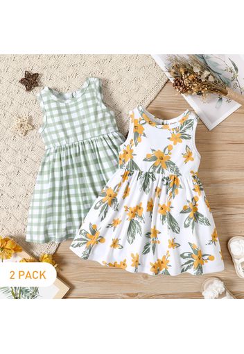 2-Pack Baby Girl Plaid and Floral Print Sleeveless Tank Dresses Set