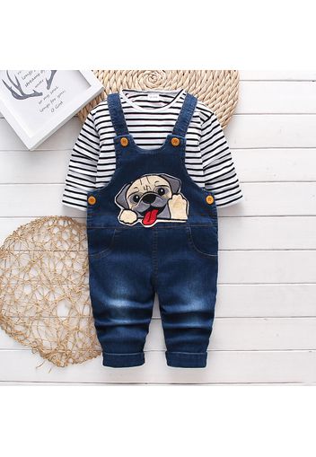 2pcs Toddler Boy Playful Dog Embroidered Denim Overalls and Stripe Long-sleeve Tee Set