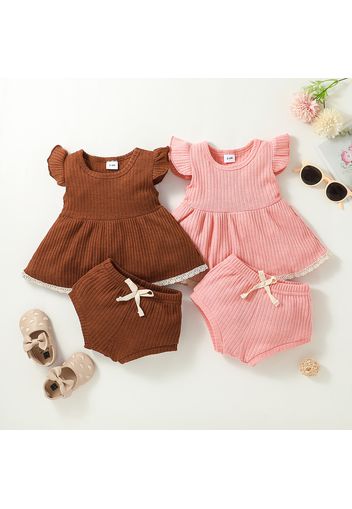 2pcs Baby Girl Solid Ribbed Textured Flutter-sleeve Dress with Shorts Set