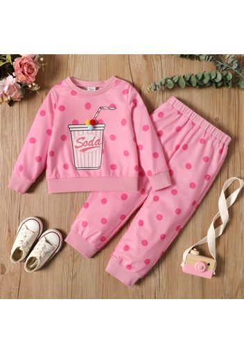 2-piece Toddler Girl Polka dots Drinks Print Pompom Design  Pink Sweatshirt and Elasticized Pants Set