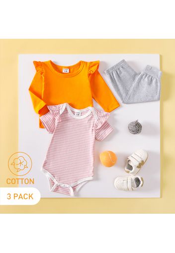 3-Pack Baby Cotton Solid Color & Striped Romper Tee Pants Set