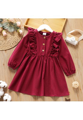 Toddler Girl Ruffled Floral Print/Burgundy Button Design Long-sleeve Dress