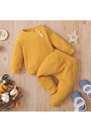 Baby 2pcs Solid Waffle Long-sleeve Sweatshirt and Trouser Set