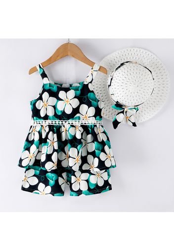 3pcs Toddler Girl Floral Print Lace Design Camisole & Shorts and Straw Hat Set