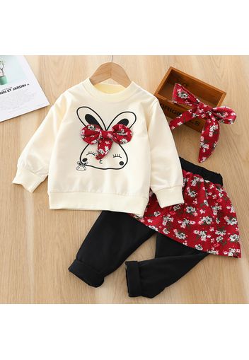 3pcs Baby Cartoon Rabbit Print Long-sleeve Sweatshirt and Floral Print Skirted Trousers Set