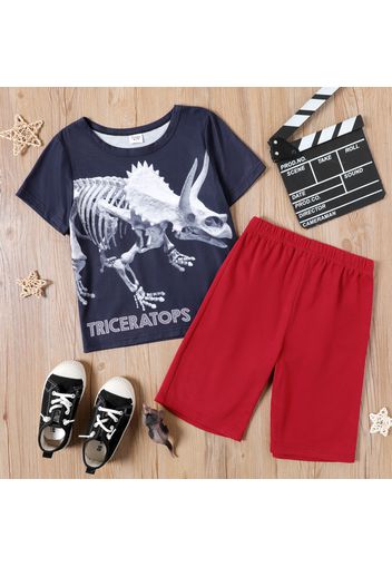 2-piece Kid Boy Letter Animal Dinosaur Print Tee and Elasticized Red Shorts Set