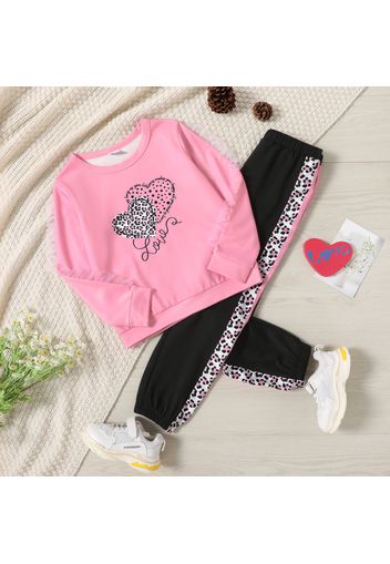 2-piece Kid Girl Heart Pattern Leopard Print Sweatshirt and Colorblock Pants Casual Set