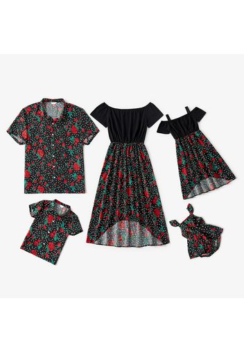 Floral Print Black Family Matching Sets(Off Shoulder Irregular Hem Dresses for Mom and Girl ; Button Front Shirts for Dad and Boy)