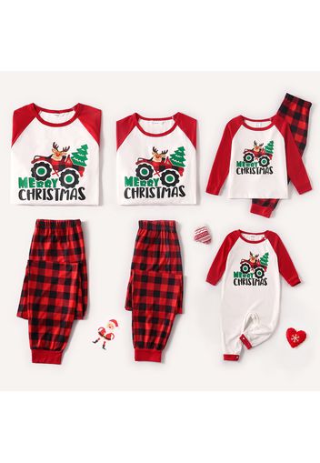 Christmas Cartoon Car and Letter Print Family Matching Raglan Long-sleeve Plaid Pajamas Sets (Flame Resistant)