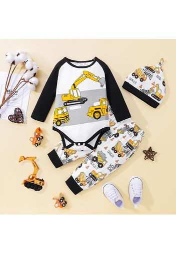 3pcs Baby Boy Raglan-sleeve Construction Vehicle Print Romper and Pants with Hat Set