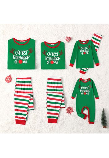 Christmas Antlers and Letter Print Green Family Matching Long-sleeve Pajamas Sets