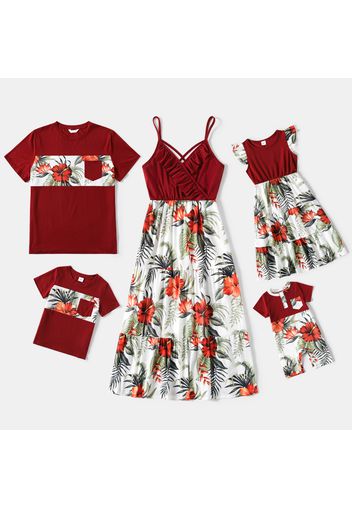 Family Matching Red Ruffle V Neck Spaghetti Strap Splicing Floral Print Tiered Dresses and Short-sleeve T-shirts Sets