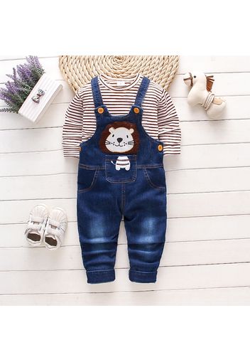 2pcs Toddler Boy Playful Lion Embroidered Denim Overalls and Stripe Long-sleeve Tee Set