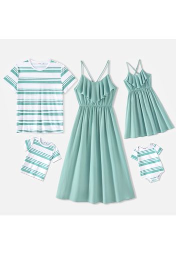 Family Matching 100% Cotton Solid Flounce Cami Dresses and Striped Short-sleeve T-shirts Sets