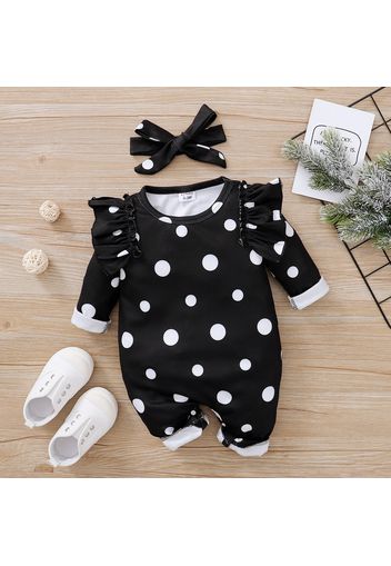 2pcs Polka Dots Print Ruffle Decor Long-sleeve Black Baby Set