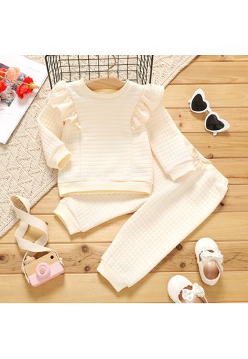 2pcs Baby Girl Solid Plaid Textured Long-sleeve Ruffle Pullover and Trousers Set