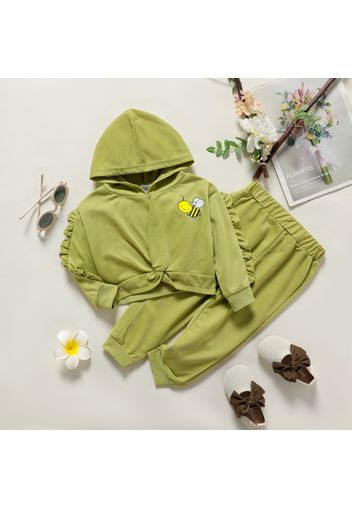 2-piece Toddler Ruffled Bee Print Twist Front Hoodie Sweatshirt and Elasticized Solid Color Pants Set