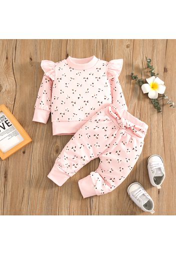 2pcs Baby Girl All Over Floral Print Ribbed Ruffle Long-sleeve Pullover and Trousers Set