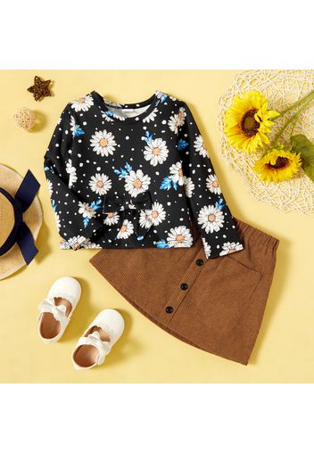 2-piece Toddler Girl Floral Print Long-sleeve Tee and Button Design Brown Skirt Set