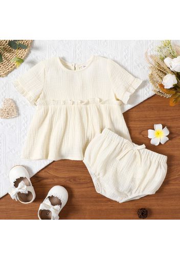 100% Cotton Crepe 2pcs Baby Girl Solid Short-sleeve Ruffle Top and Shorts Set