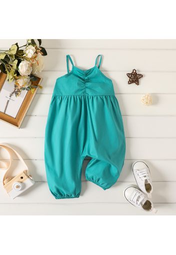 100% Cotton Baby Girl Button Design Solid Spaghetti Strap Jumpsuit