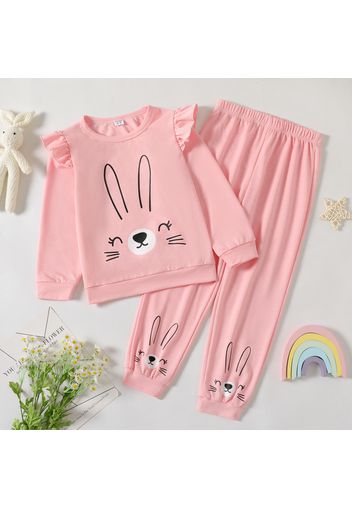 2-piece Kid Girl Ruffled Animal Rabbit Print Pink Sweatshirt and Elasticized Pants Set