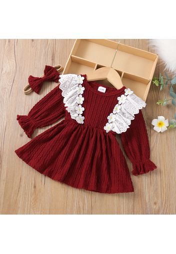 Baby 2pcs White Floral Applique Ruffle Red Long-sleeve Dress Set