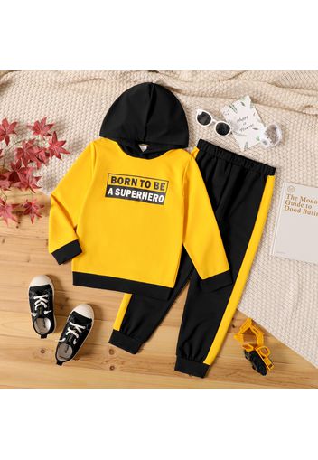 2-piece Kid Boy Letter Print Colorblock Hoodie Sweatshirt and Pants Set