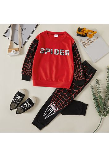 2-piece Kid Boy Letter Spider Web Print Pullover and Elasticized Black Pants Set