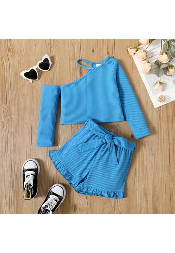 2pcs Toddler Girl Solid Color Ribbed One Shoulder Long-sleeve Tee and Ruffled Belted Shorts Set