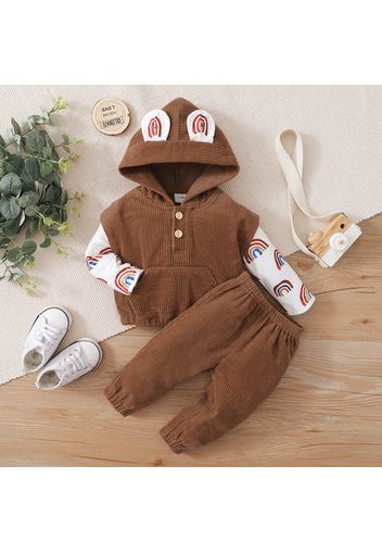 3pcs Baby All Over Rainbow Print Long-sleeve T-shirt and Brown Corduroy Vest with Trousers Set