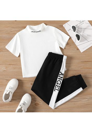 2-piece Kid Girl Letter Embroidered Mock Neck Short-sleeve Tee and Elasticized Pants Set