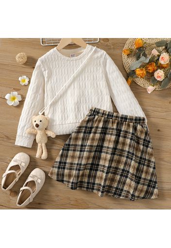 2pcs Kid Girl Textured White Pullover and Plaid Skirt Set( Bear Doll is included)