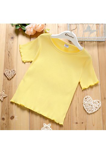 Kid Girl Solid Color Ribbed Lettuce Trim Short-sleeve Tee