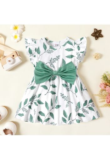 Baby Girl Bow Front All Over Leaf Print Flutter-sleeve Dress