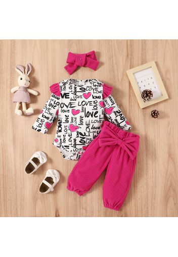 3pcs Baby Girl Long-sleeve Allover Love Heart & Letter Print Ruffle Trim Romper and Solid Corduroy Bow Front Pants with Headband Set