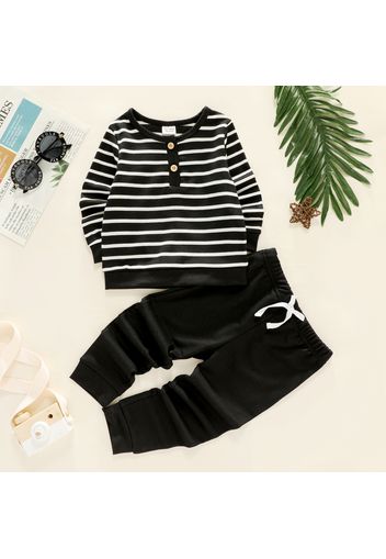 2-piece Toddler Boy Stripe Button Design Long-sleeve Top and Solid Color Pants Set