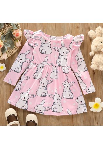 Toddler Girl Ruffled Cute Rabbit Print Long-sleeve Dress