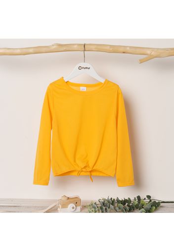 Kid Girl Casual Tie Knot Solid Color Long-sleeve Tee