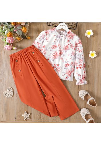 2pcs Kid Girl Floral Print Ruffle Collar Long-sleeve Blouse amd Button Design Orange Wide Leg Pants Set