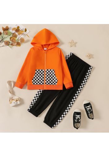 2-piece Kid Boy Plaid Colorblock Zipper Hooded Jacket and Pants Set