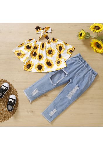 2pcs Toddler Girl Floral Print Off Shoulder Batwing Blouse and Ripped Denim Jeans Set