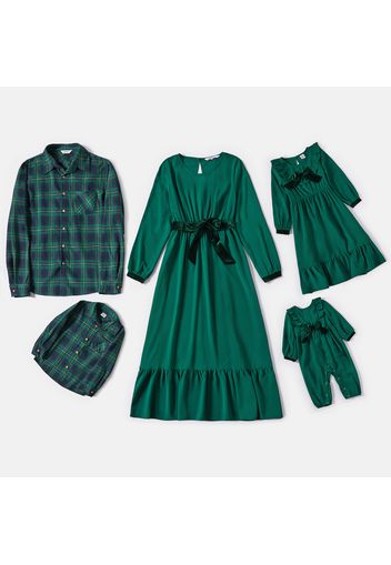 Family Matching Green Long-sleeve Midi Dresses and Plaid Shirts Sets